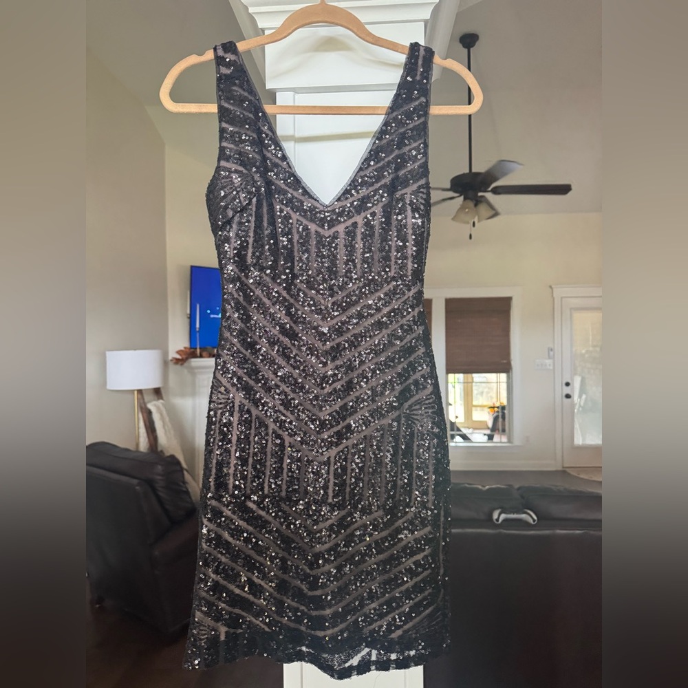 Bebe Black Sequin V-Neck Dress